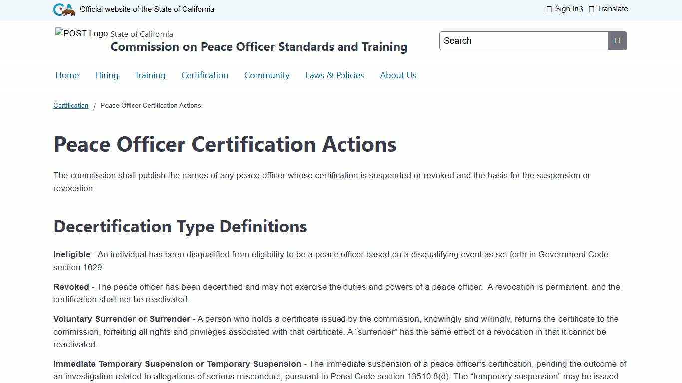 Peace Officer Certification Actions